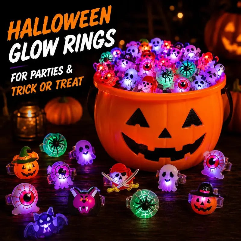 50pcs Glow Flashing LED Halloween Rings with LED Lights, Child Festive Party Favors, Halloween Goody Bag Basket Stuffers Fillers